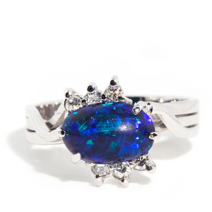 Vintage Solid Black Opal & Diamond Ring ,