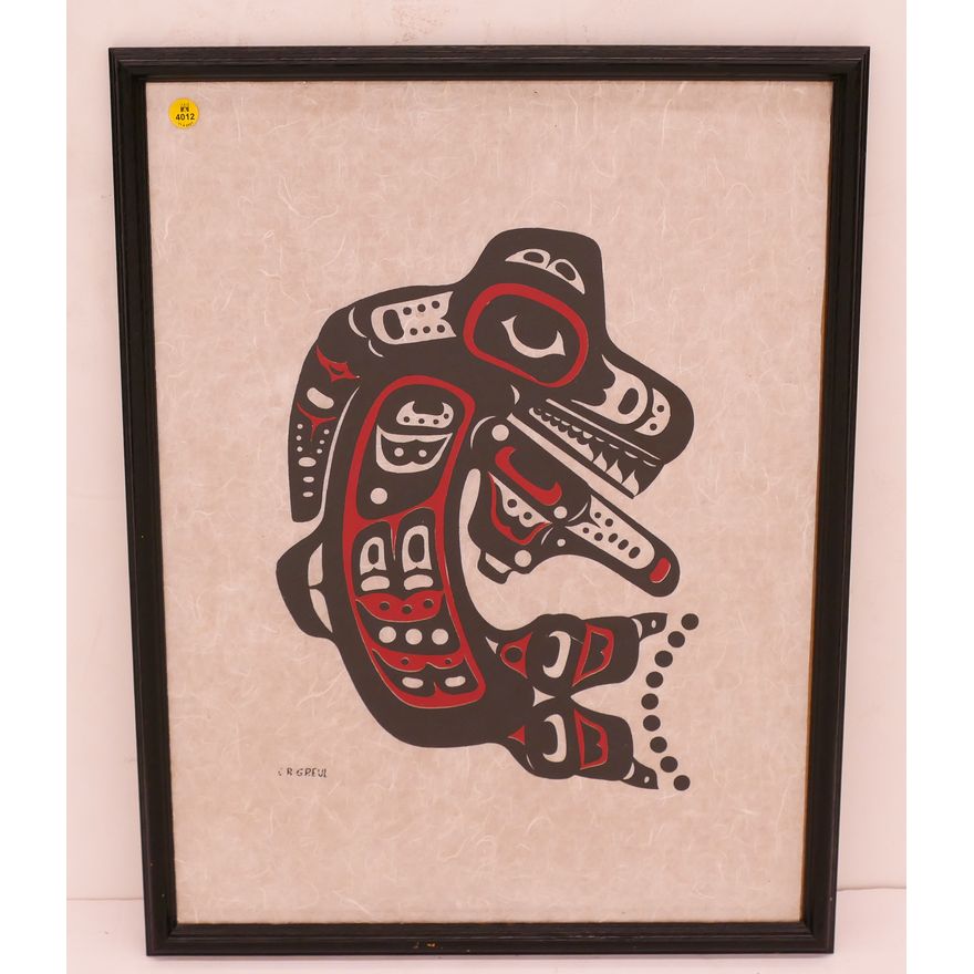 C.B Greul (b.1923) NW Coast Native Style Whale Totem Serigraph on Handmade Paper.