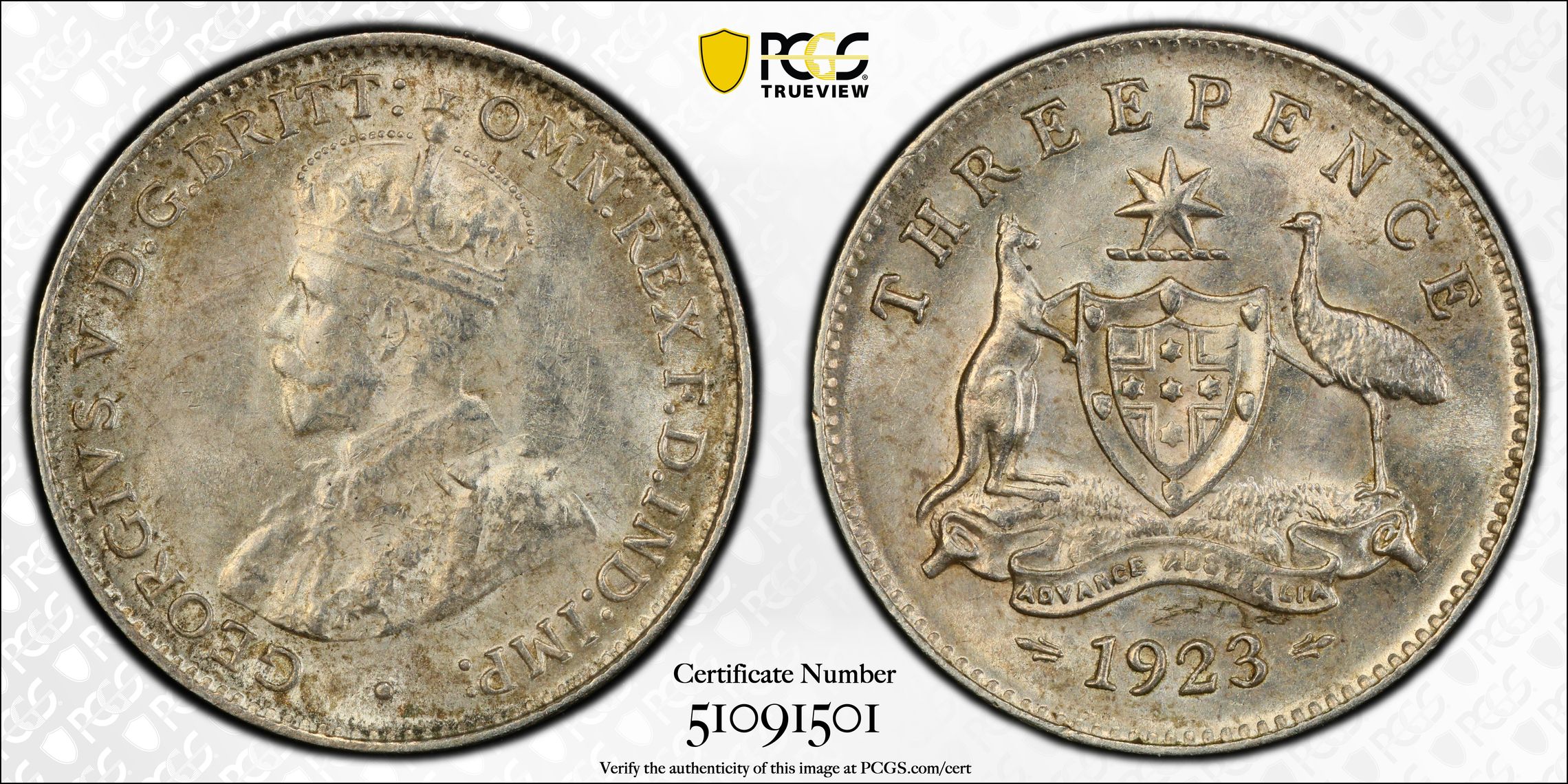 George V, Threepence, 1923(m), PCGS MS63