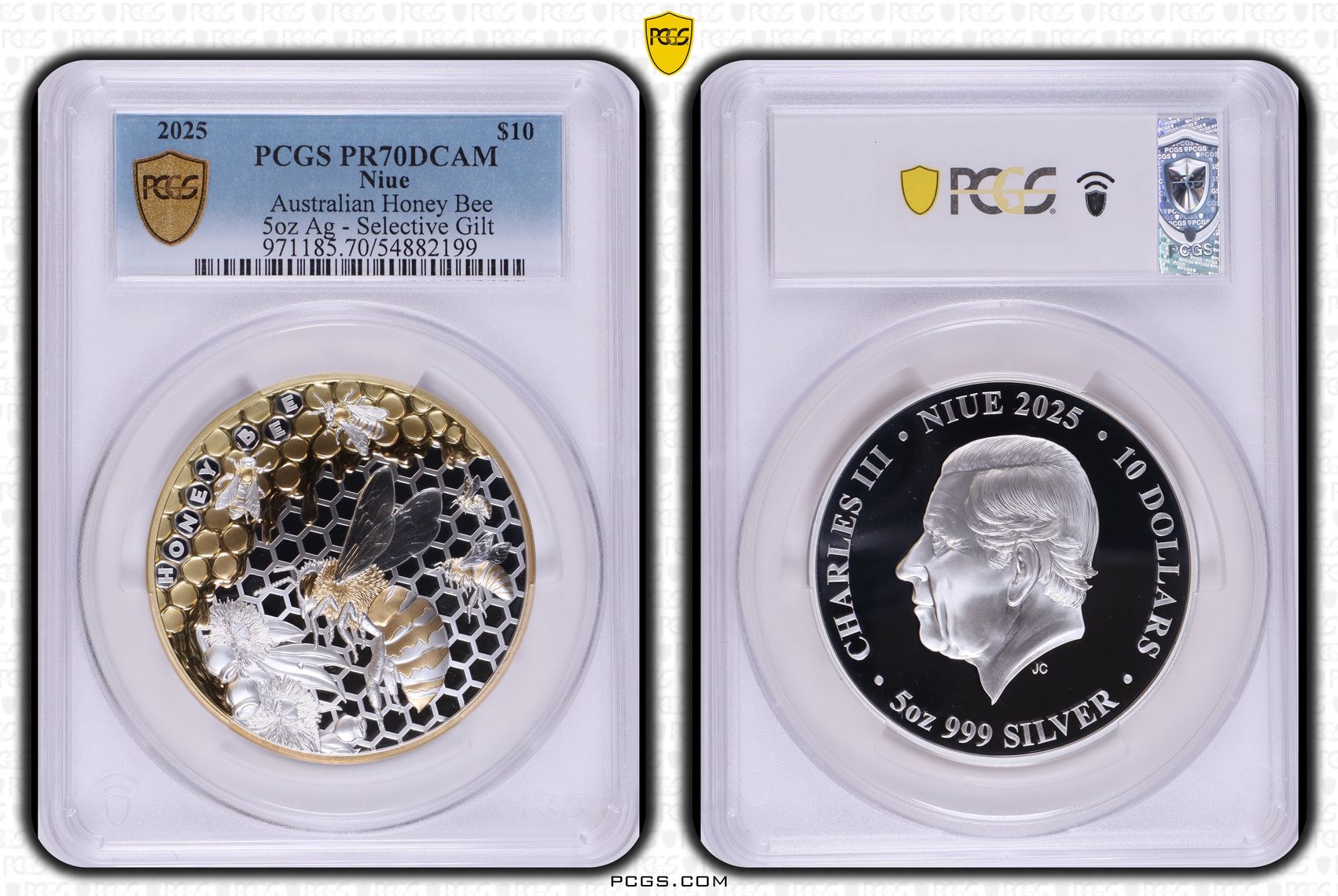 Niue, Australian Honey Bee - 5oz Ag - Selective Gilt, POP 13/0, One Dollar, 2025, PCGS PR70DCAM