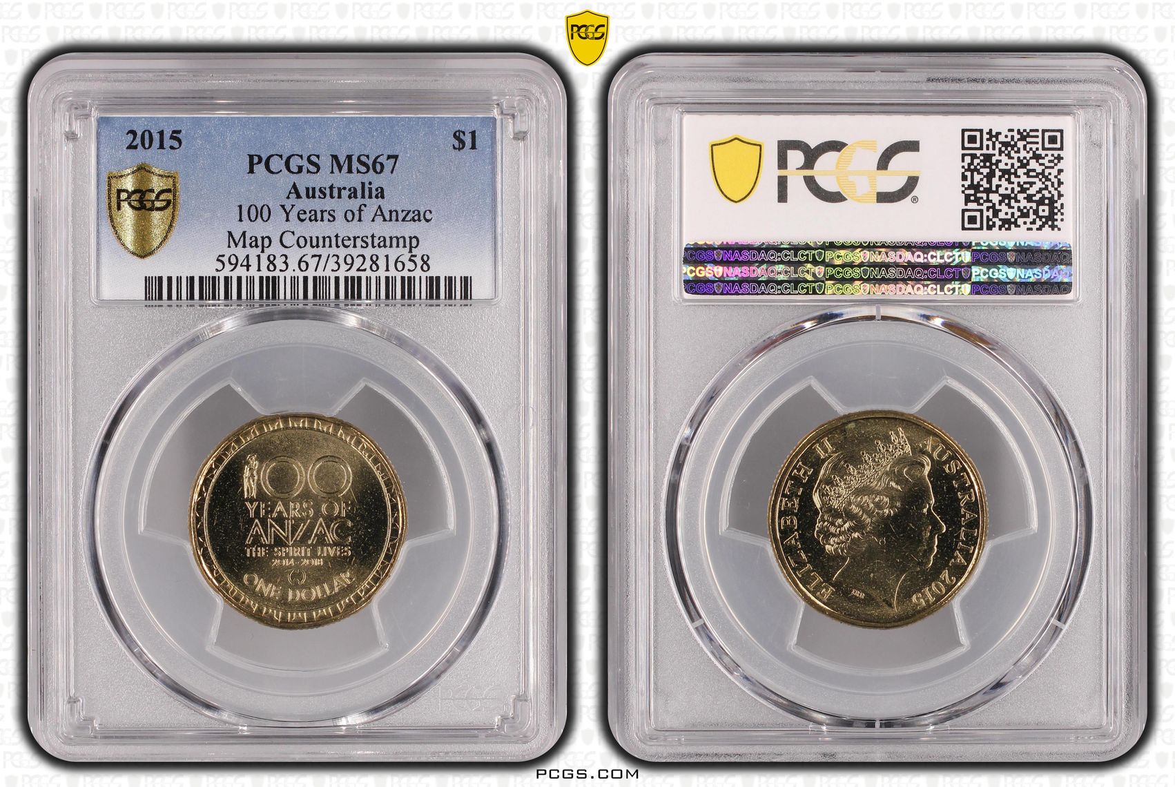 443 · 100 Years of Anzac, Map Counterstamp , One Dollar, 2015, PCGS MS67