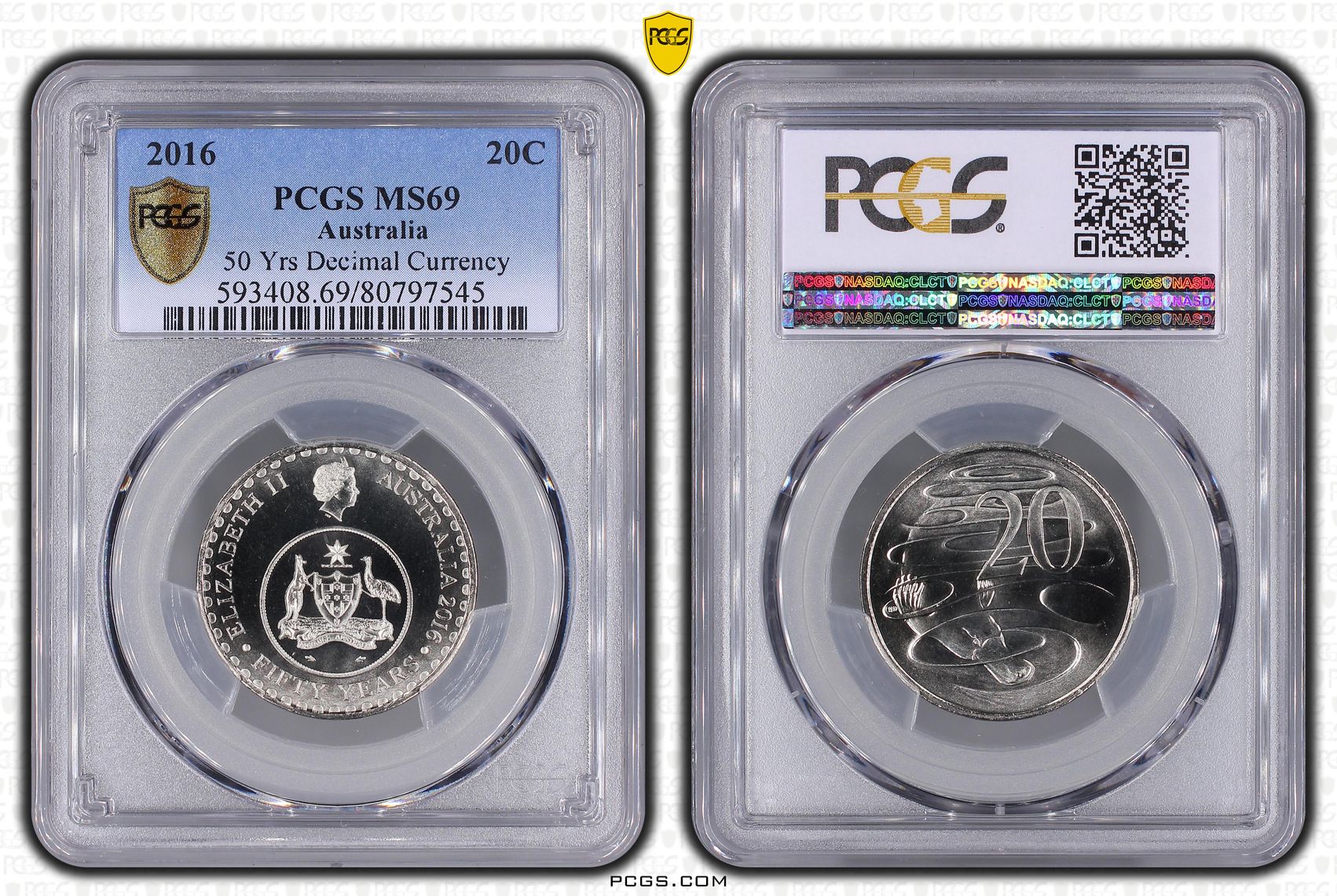 64 · 2016 Australian Twenty Cent, 20c 50 Yrs Decimal Currency PCGS - MS69 -545 POP 39/0