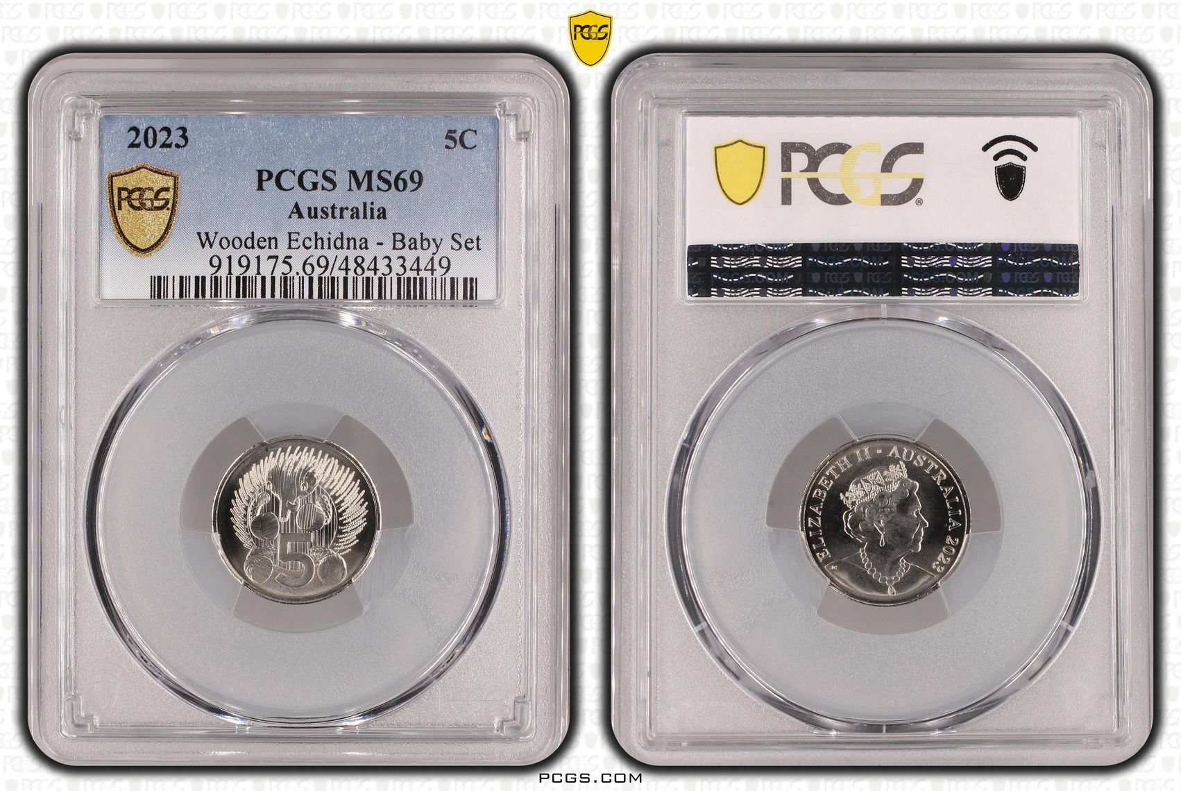 Elizabeth II, Wooden Echidna - Baby Set , Five Cent, 2023, PCGS MS69