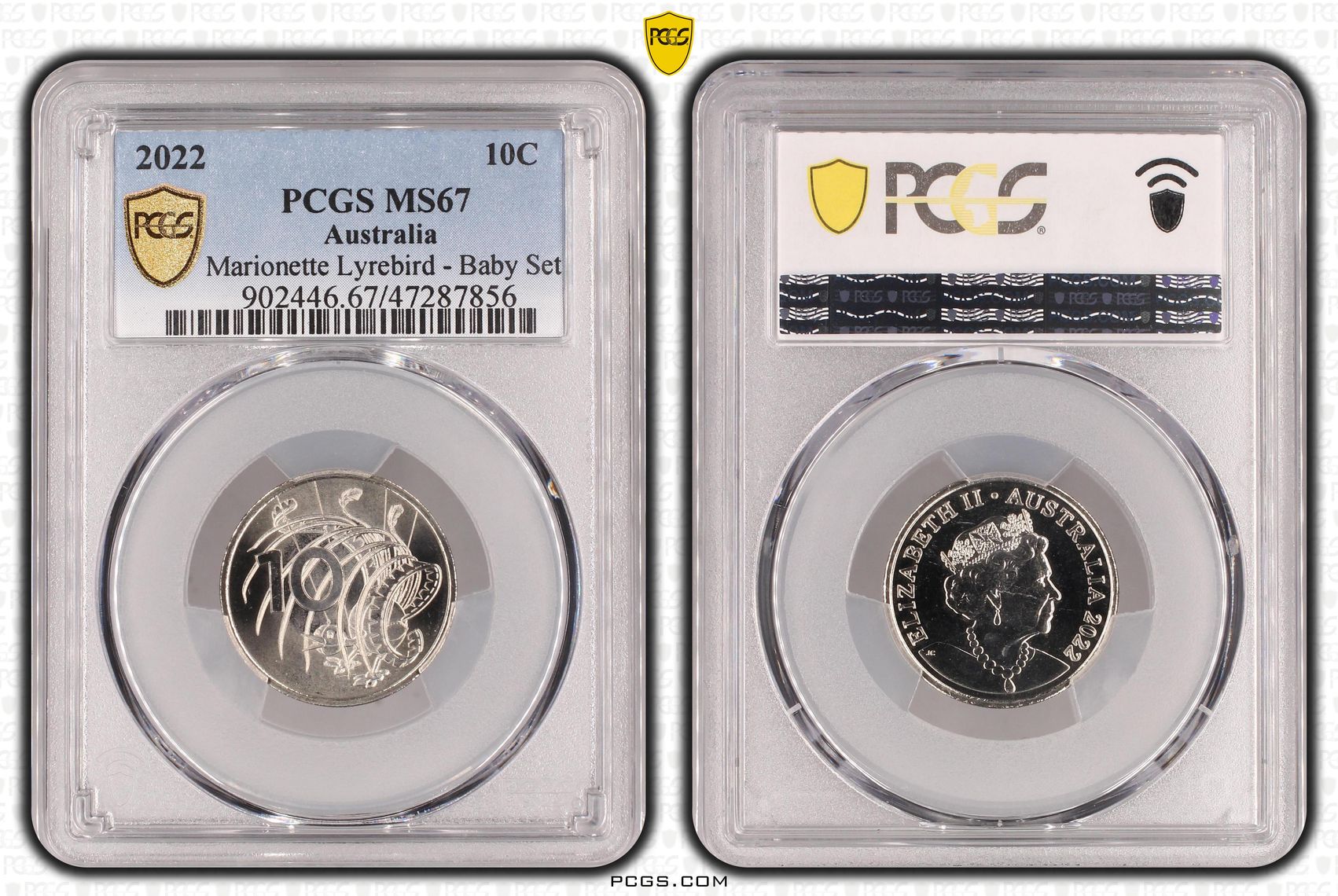Elizabeth II, Marionette Lyrebird - Baby Set, Ten Cent, 2022, PCGS MS67