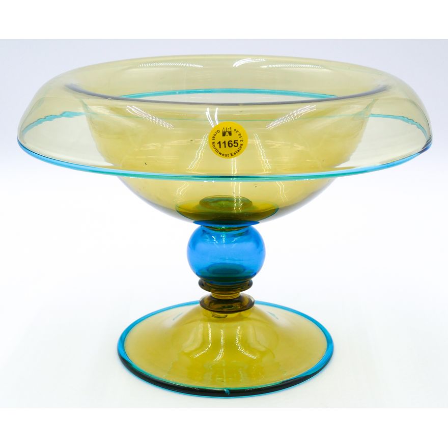 Steuben Attributed Blue and Amber Glass Pedestal Bowl 7''x10''