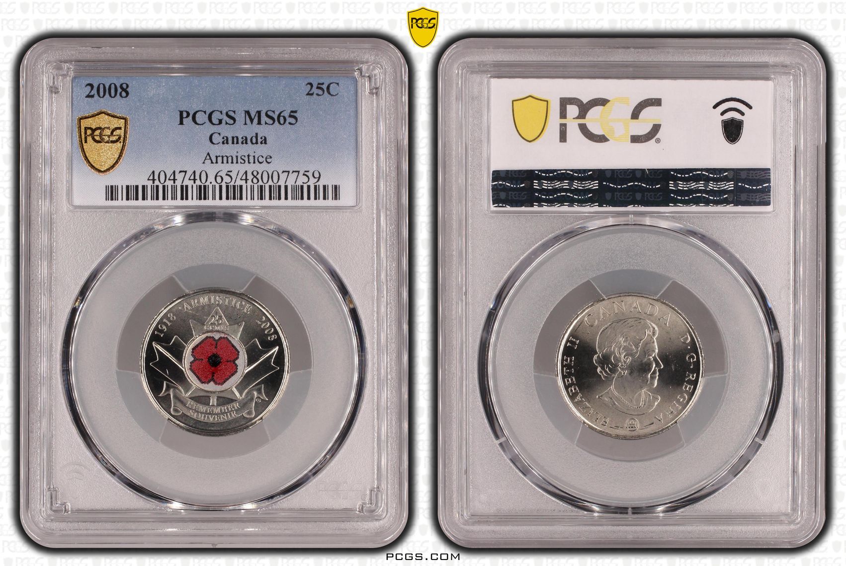Elizabeth II, Canada, Armistice (Poppy) , Twenty Five Cent, 2008, PCGS MS65