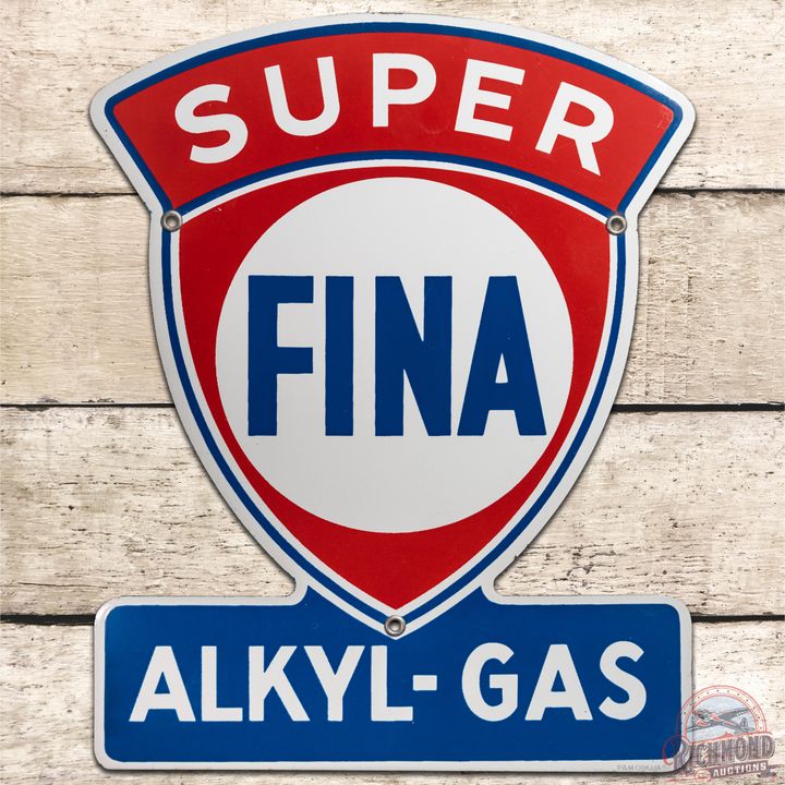1957 13.5" Super Fina Alkyl-Gas SSP Die Cut Pump Plate Sign - 9