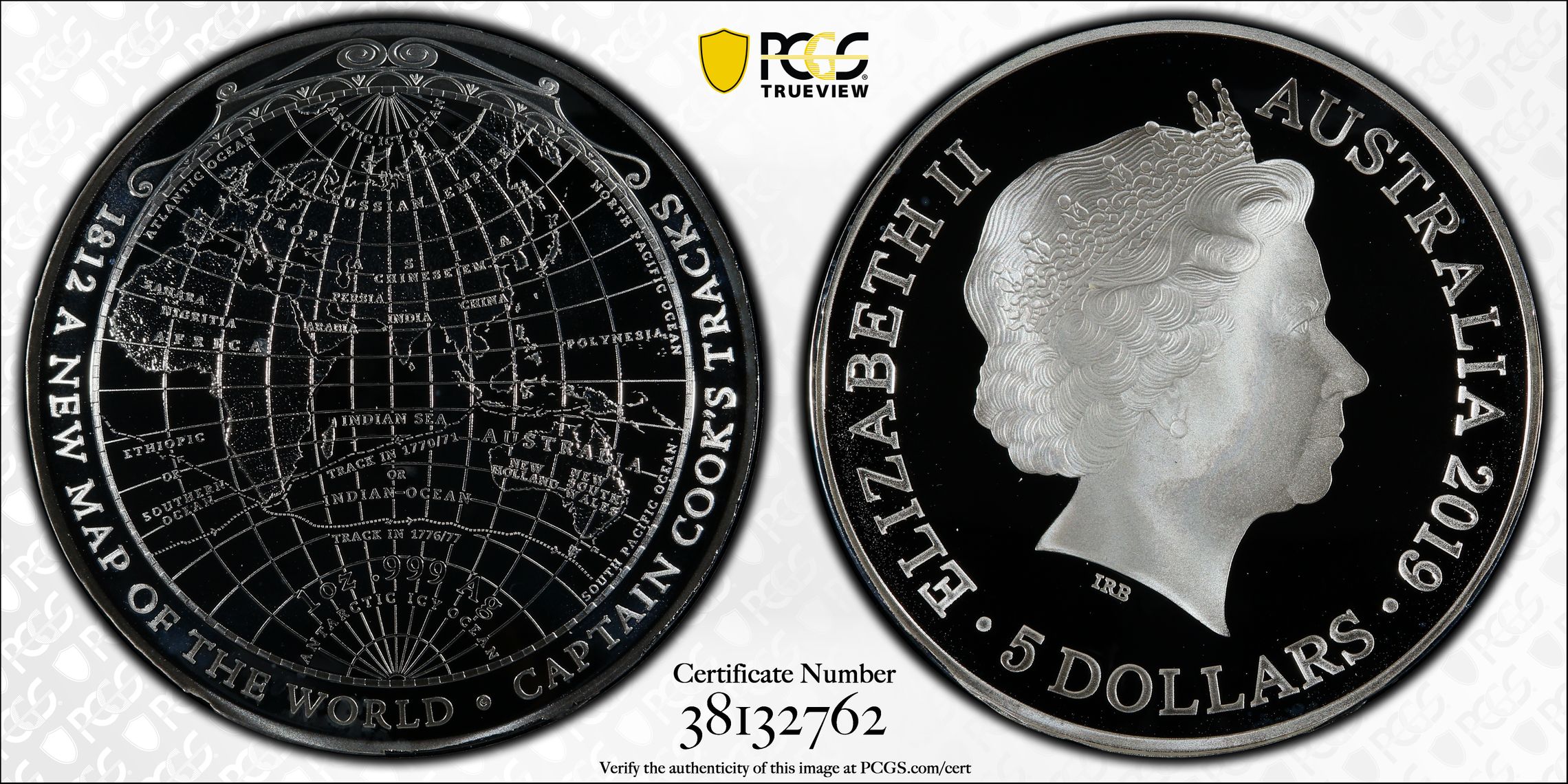 2019 Australia Five Dollar, $5 Silver Proof New Map of the World 1812 PCGS - PR69DCAM -762