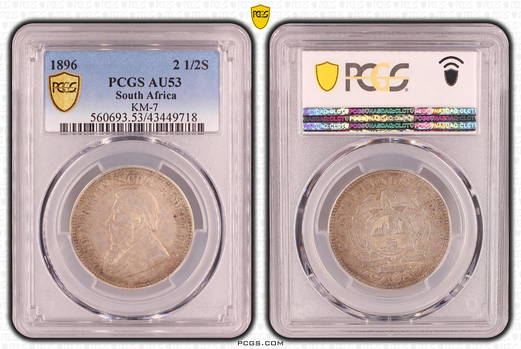 South Africa, KM-7, Two and a Half Shillings, 1896, PCGS AU53