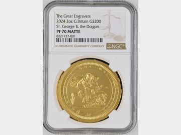 2024 GREAT ENGRAVERS 'ST. GEORGE & THE DRAGON' GOLD 2oz PROOF 200 POUND COIN PF70 MATTE
