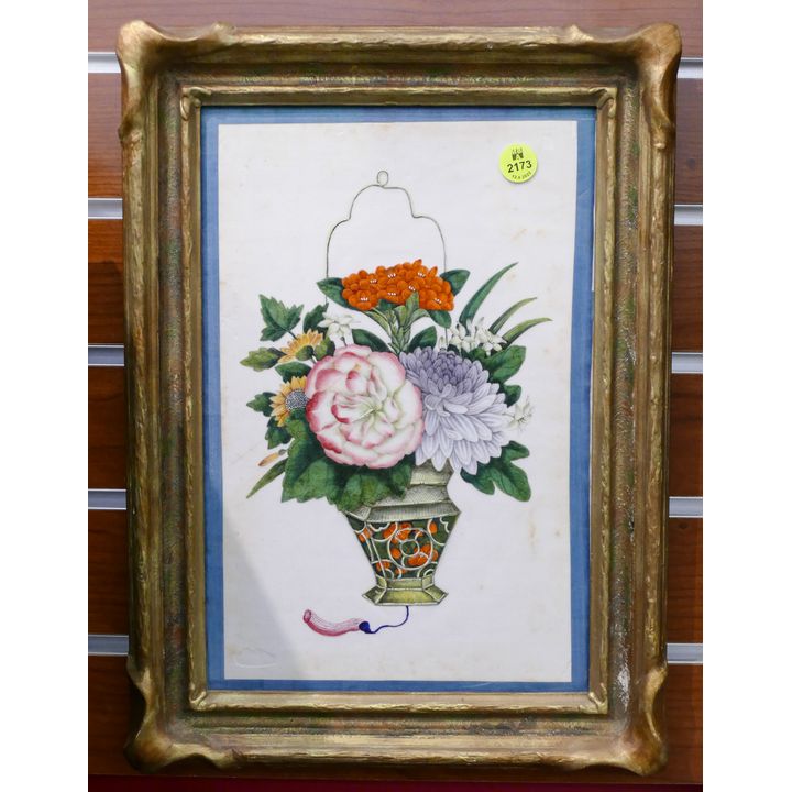 Antique Chinese Pith Paper Basket of Flowers Painting Framed 15''x11''