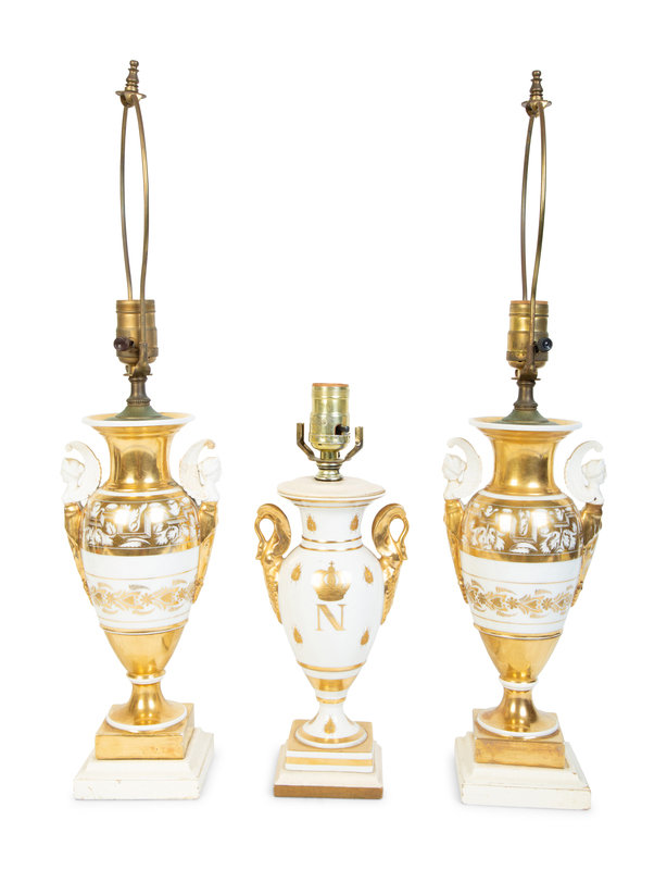 A Pair of Neoclassical Style Gilt Painted Table Lamps
Height 12 1/2 x width 5 1/2 x depth 4 inches; overall 24 inches.