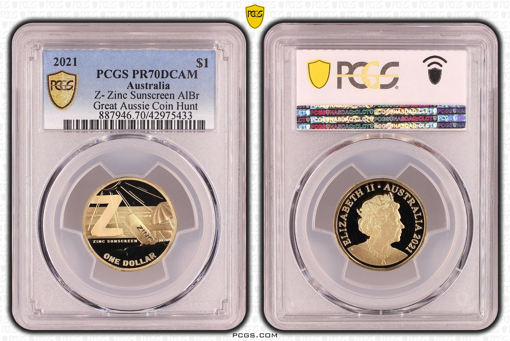 Elizabeth II, Z- Zinc Sunscreen, Great Aussie Coin Hunt, One Dollar, PR70DCAM , 2021 PCGS POP - 1/0