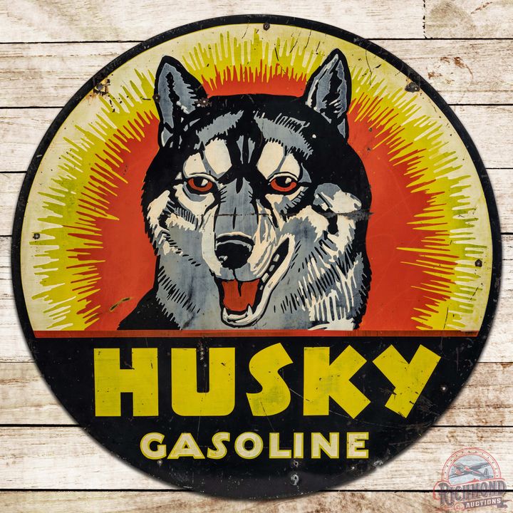 Rare 1940's 42" Husky Gasoline DST Sign w/ Northern Lights