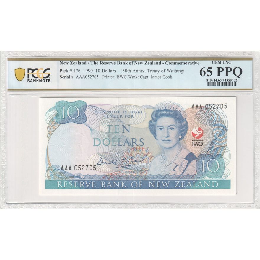 New Zealand, Reserve Bank of New Zealand, 150th Anniv. Treaty of Waitangi, Wmk: Capt. James Cook, Ten Dollar, 1990, PCGS - Gem UNC 65 PPQ