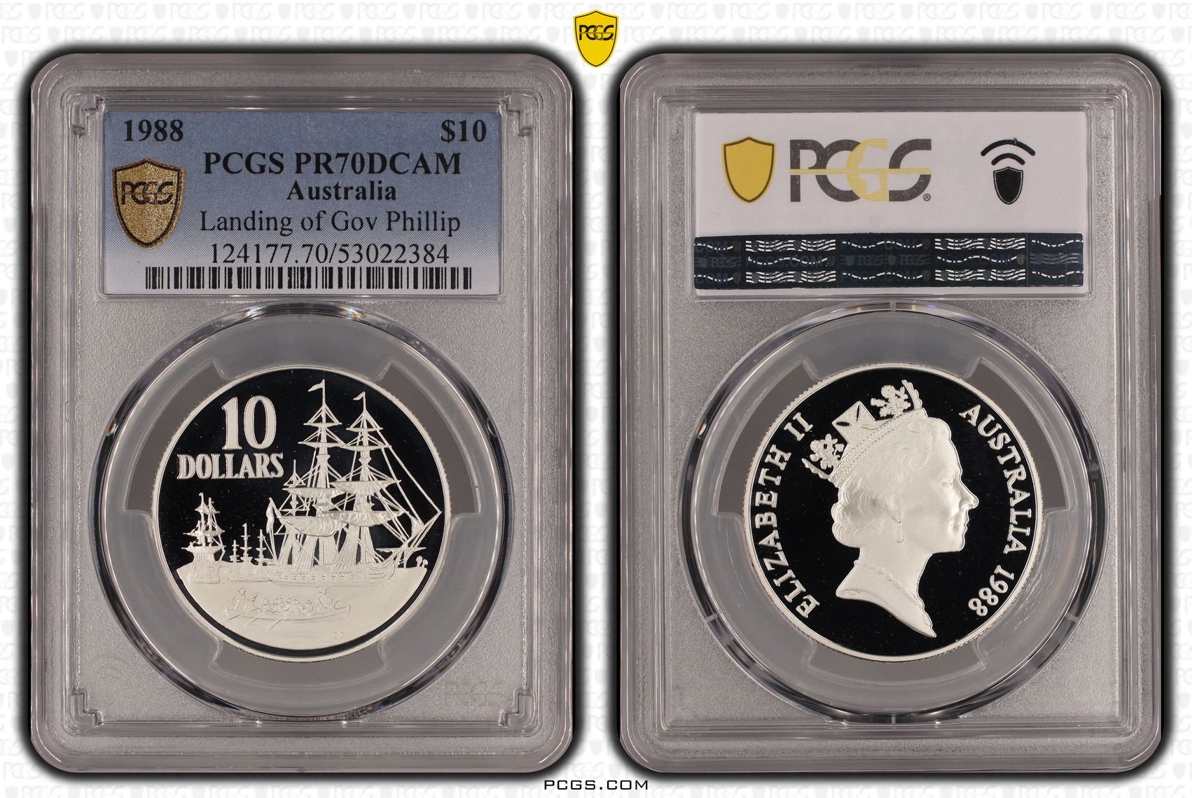 Elizabeth II, Landing of Gov Phillip, 15/0, Ten Dollar, 1988, PCGS PR70DCAM