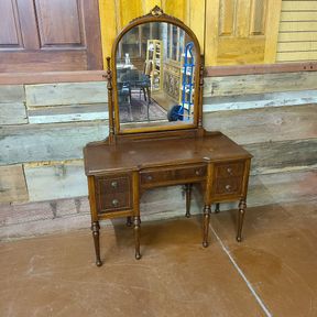 Antique Walnut Vanity with Mirror - Burl Wood Drawer Fronts
