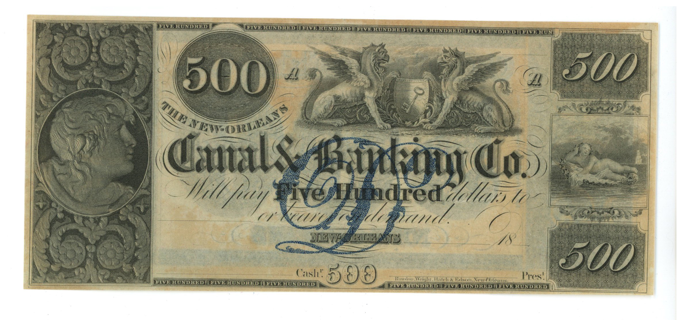 Obsolete note. New Orleans, Louisiana. Canal & Banking Co. $500. Mid ...