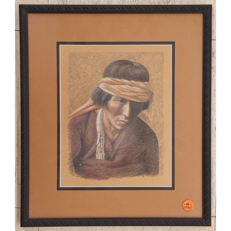 Southwest Indian Portrait Conte Crayon Framed 15''x13''