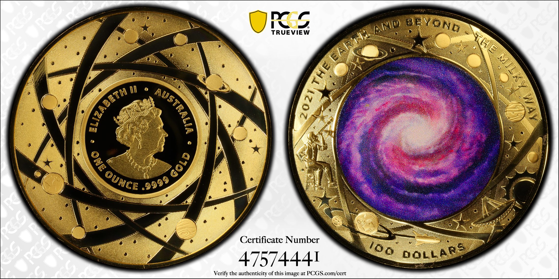 Elizabeth II, The Milky Way, 1oz Gold, POP 2/0, One Hundred Dollar, 2021, PCGS PR70DCAM