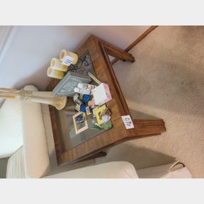 Large heavy solid wood square glass top end table