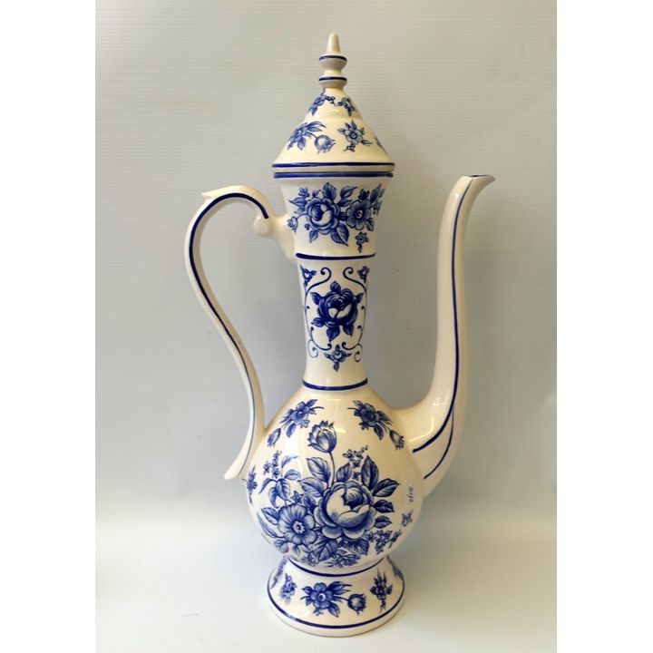 LARGE BLUE AND WHITE CERAMIC COFFEE POT
