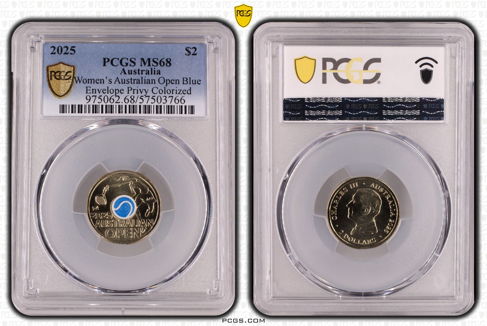 Women's Australian Open Blue Envelope Privy Colourised, Two Dollar, 2025, PCGS MS68