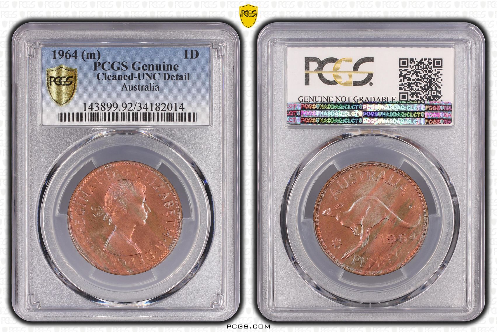 Elizabeth II, Penny, 1964, PCGS Genuine - UNC Details (92 - Cleaned)