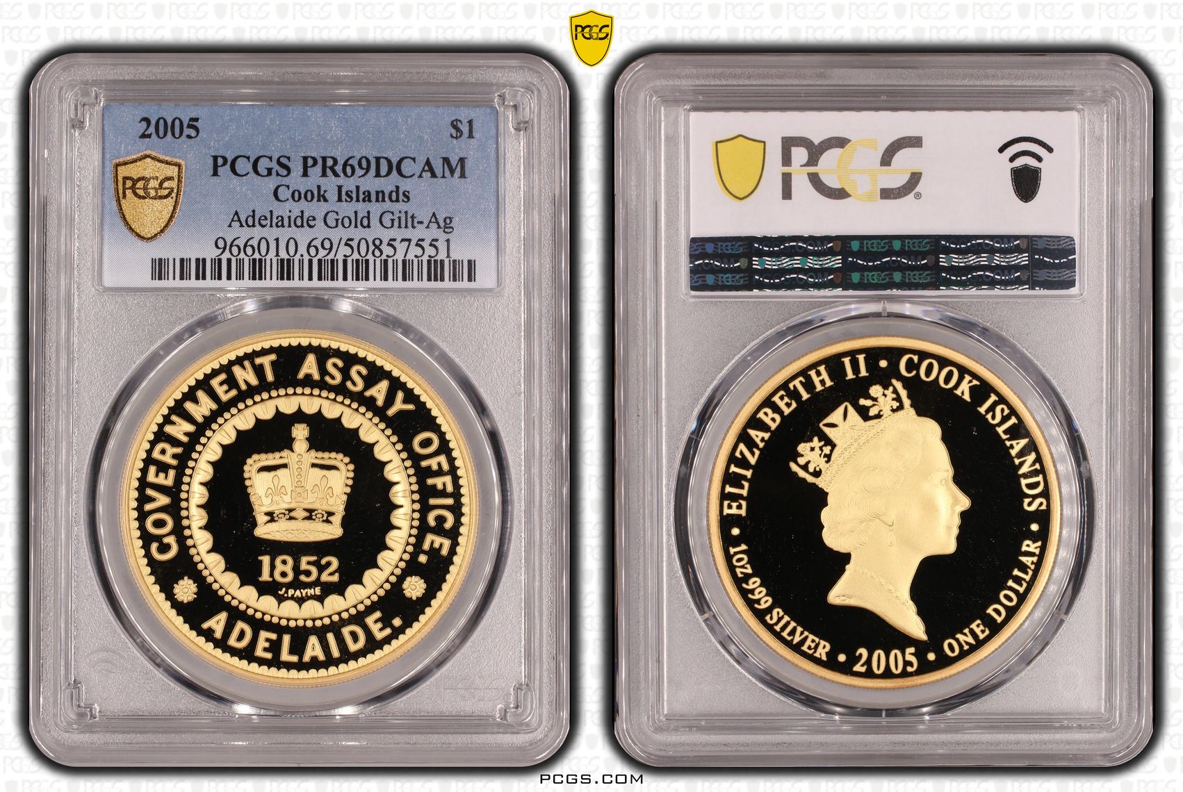 Cook Islands, Adelaide Gold Gilt-Ag POP 1/0, One Dollar, 2005, PCGS PR69DCAM