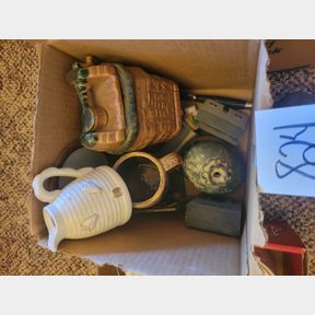 Wishing well cannister, other pottery items, decorative wood houses