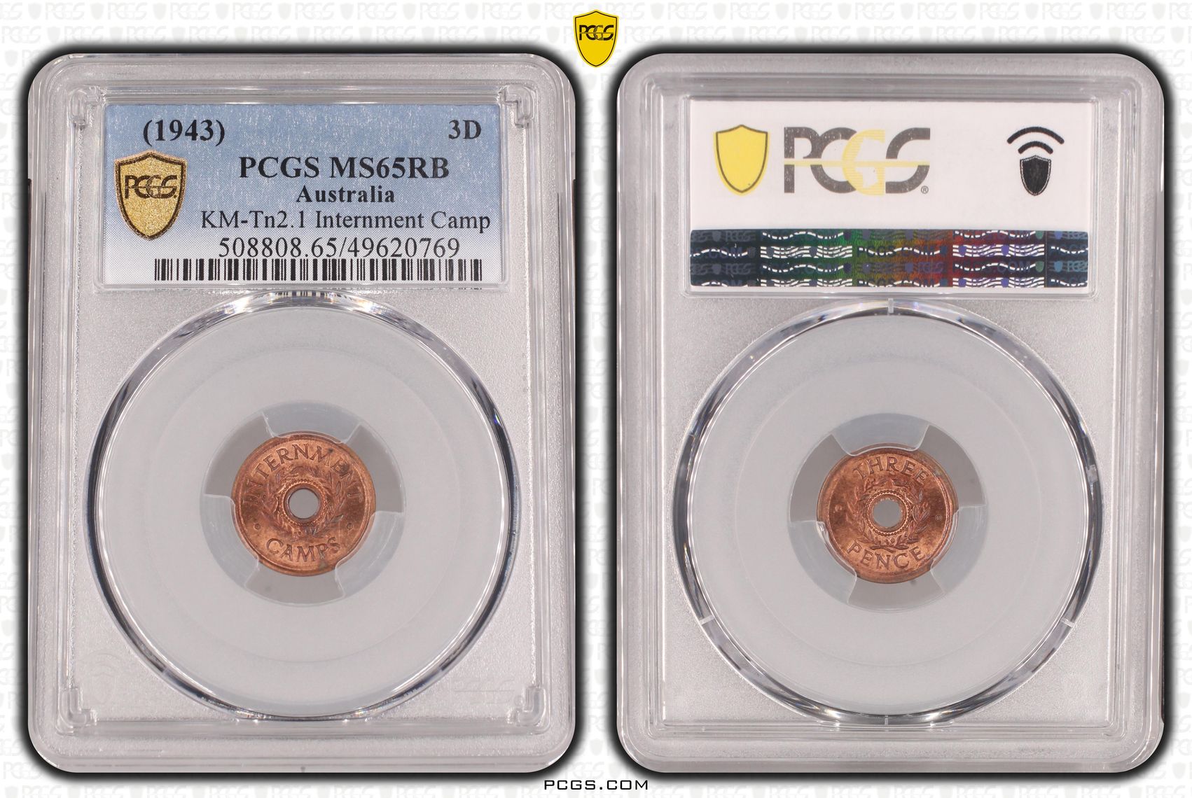 George VI, Hay Internment Camp - POP 6/0, Threepence, 1943, PCGS MS65RB