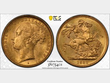 1882 VICTORIA SYDNEY MINT YOUNG HEAD GOLD SOVEREIGN MS61 NO B.P