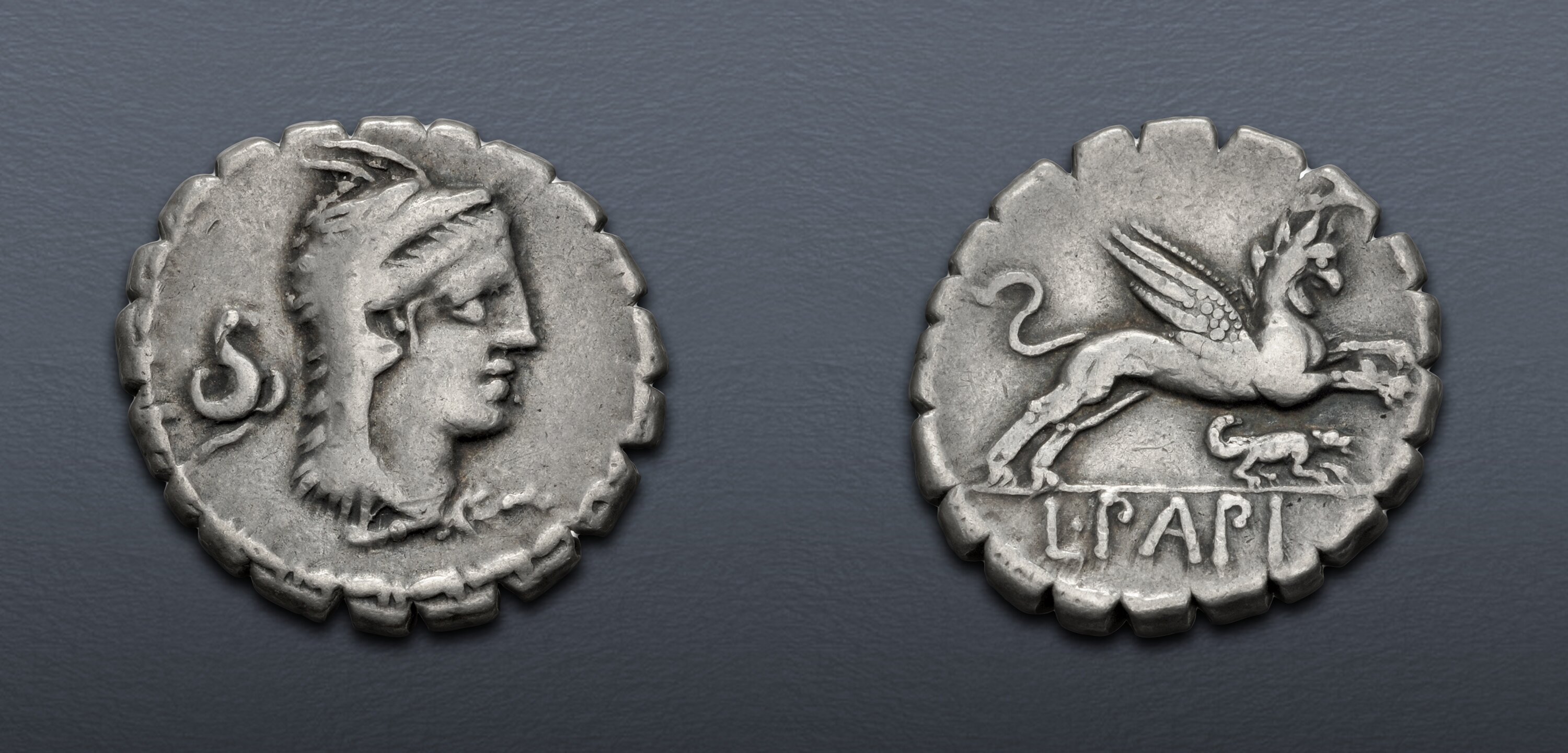 L. Papius. 79 BC. AR Serrate Denarius (18mm, 3.88 g, 1h). Rome mint. VF ...