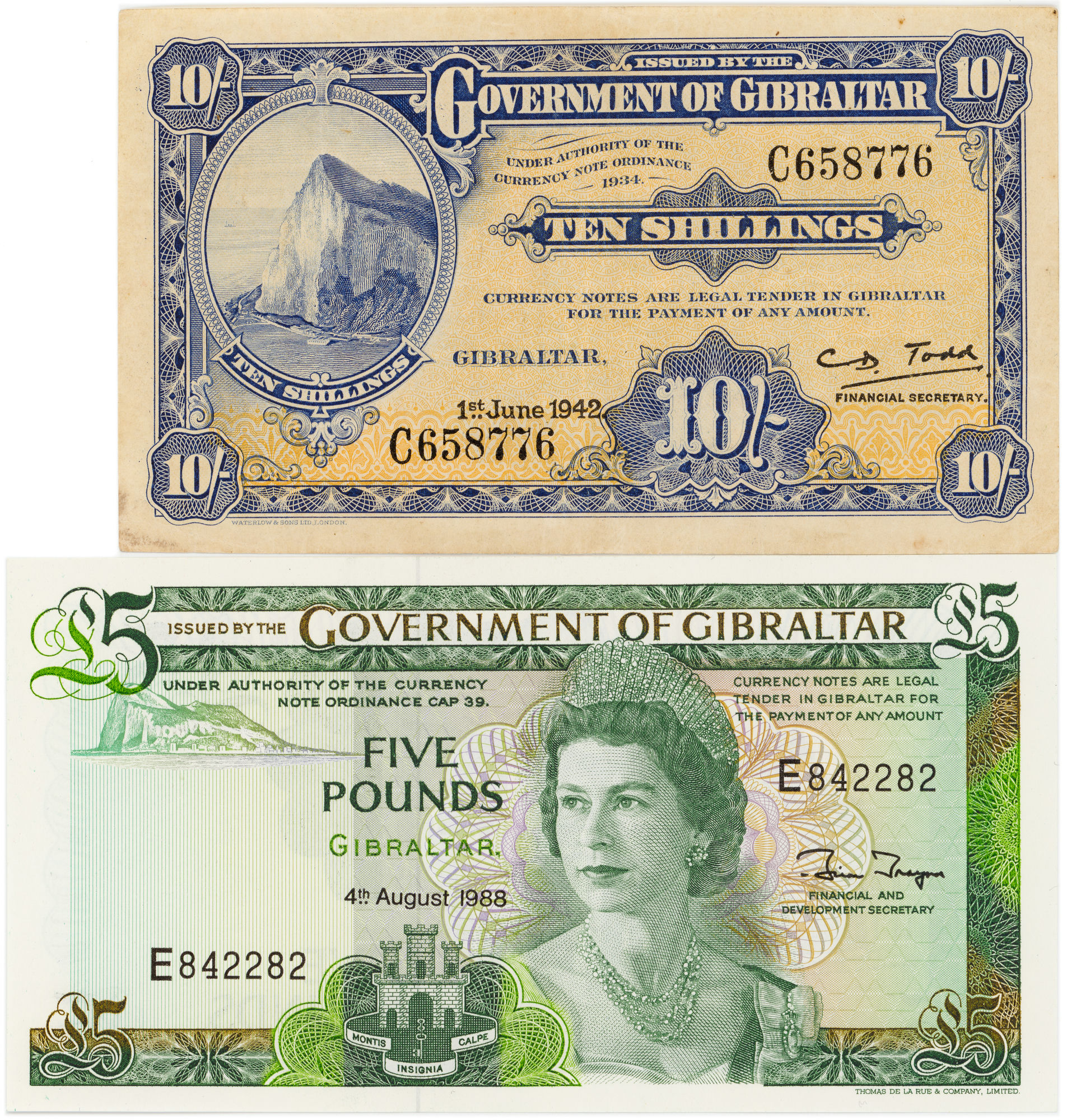 Gibraltar, Ten Shillings - Five Pounds, 1942 - 1988, VF - UNC