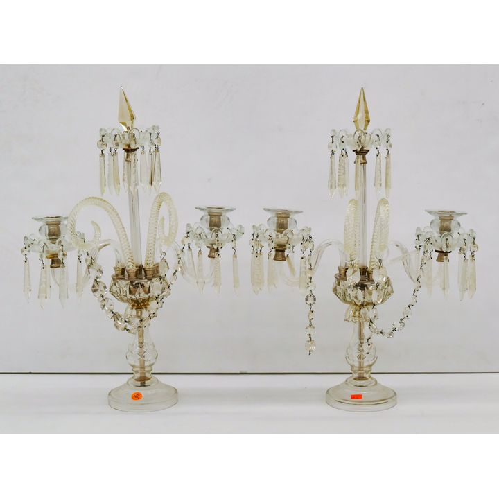 2pc Antique Crystal Triple Candelabras 22"