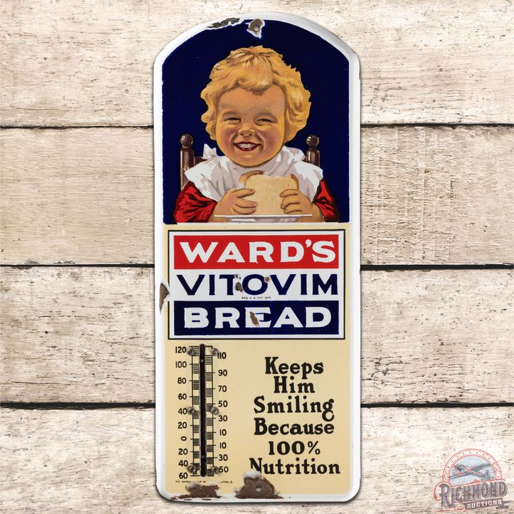 Ward's Vitovim Bread "Keeps Him Smiling" SS Porcelain Thermometer Sign