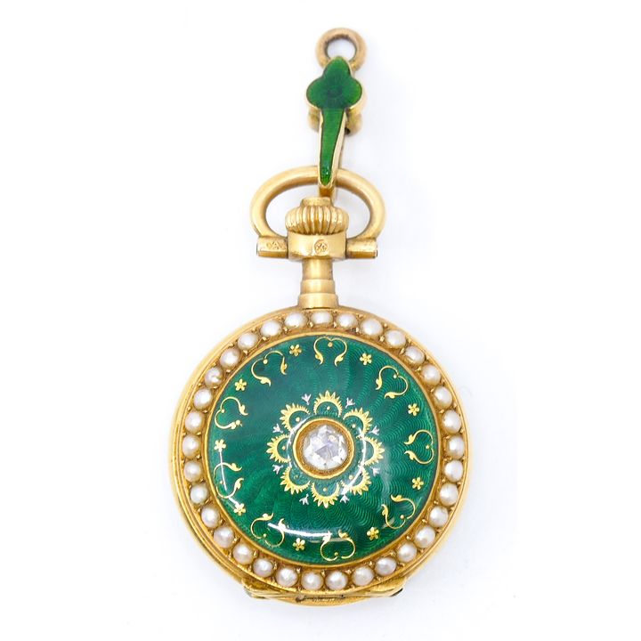 Antique Ladies 18k Enameled Pendant Watch 24mm