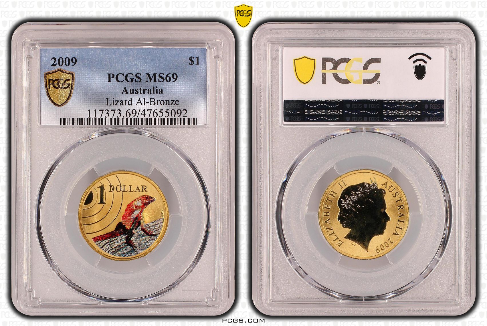 Elizabeth II, Lizard Al-Bronze Colorized, One Dollar, 2009, PCGS MS69