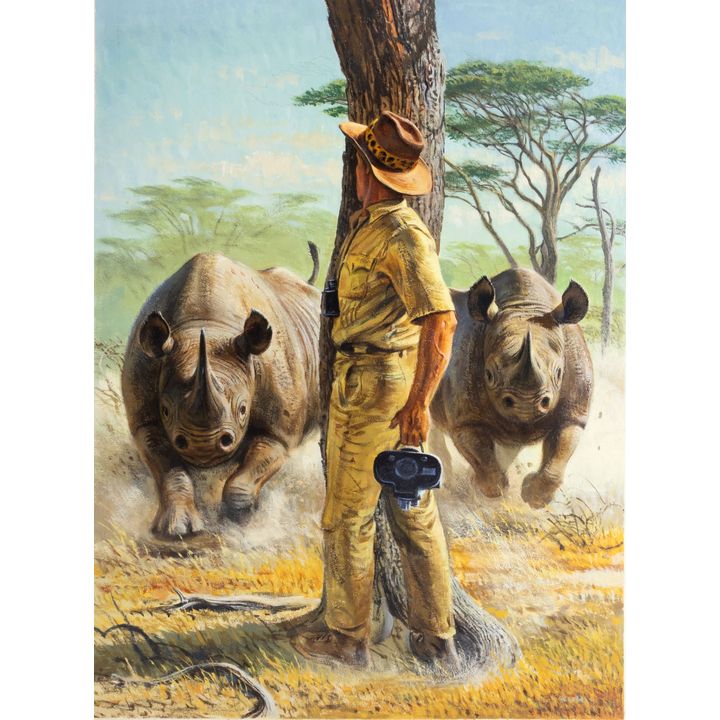 Bob Kuhn (1920-2007), Rhinos, Charging with Man