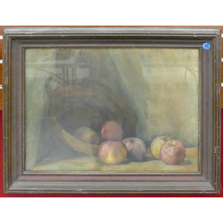 Antique Stephan ''Basket of Apples'' Watercolor Framed 20''x25''