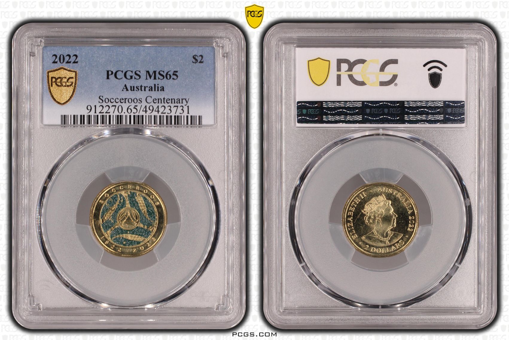 Socceroos Centenary , Two Dollar, 2022, PCGS MS65
