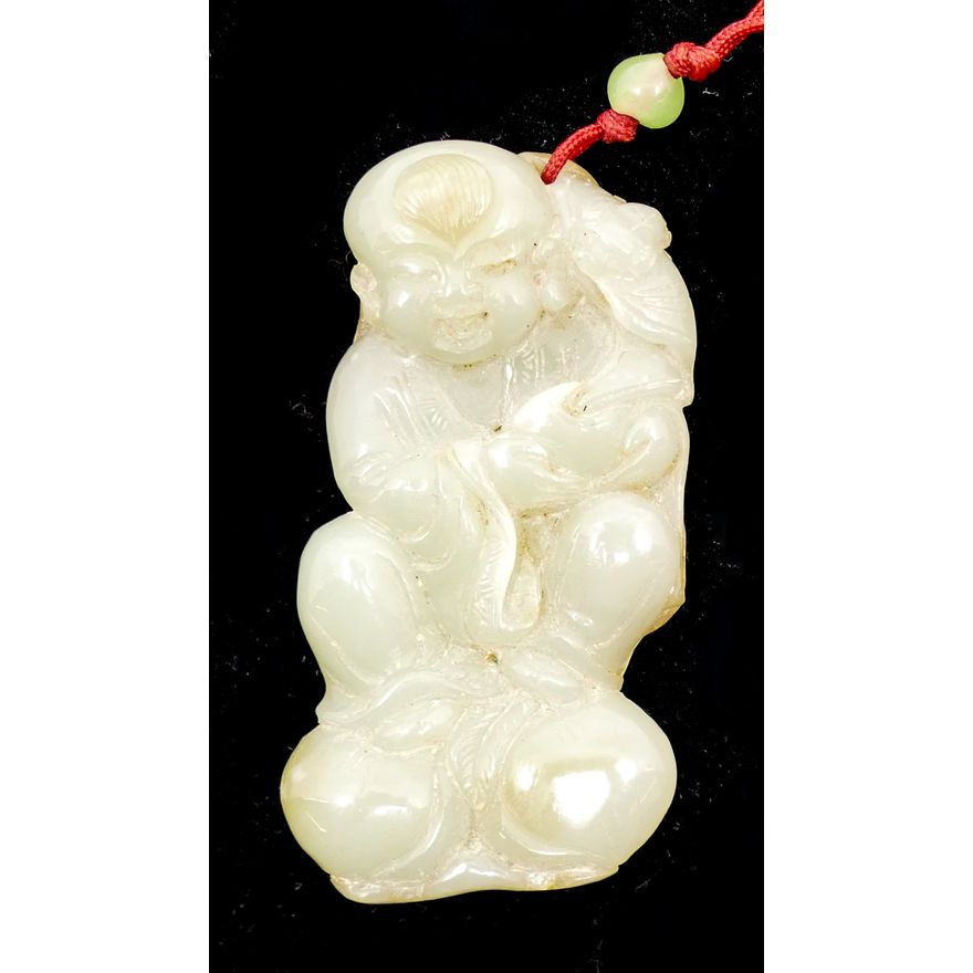 Chinese Jade Boy with Monkey Carved Pendant 2.5''