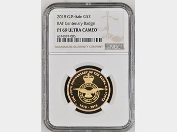 2018 PROOF GOLD 2 POUND 'RAF BADGE' PF69 UCAM