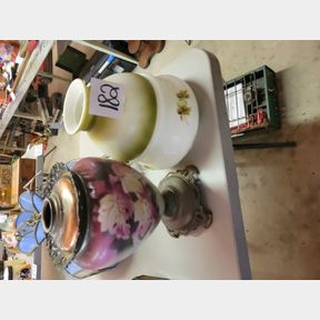 Antique oil lamp base and 2 additional glass shades