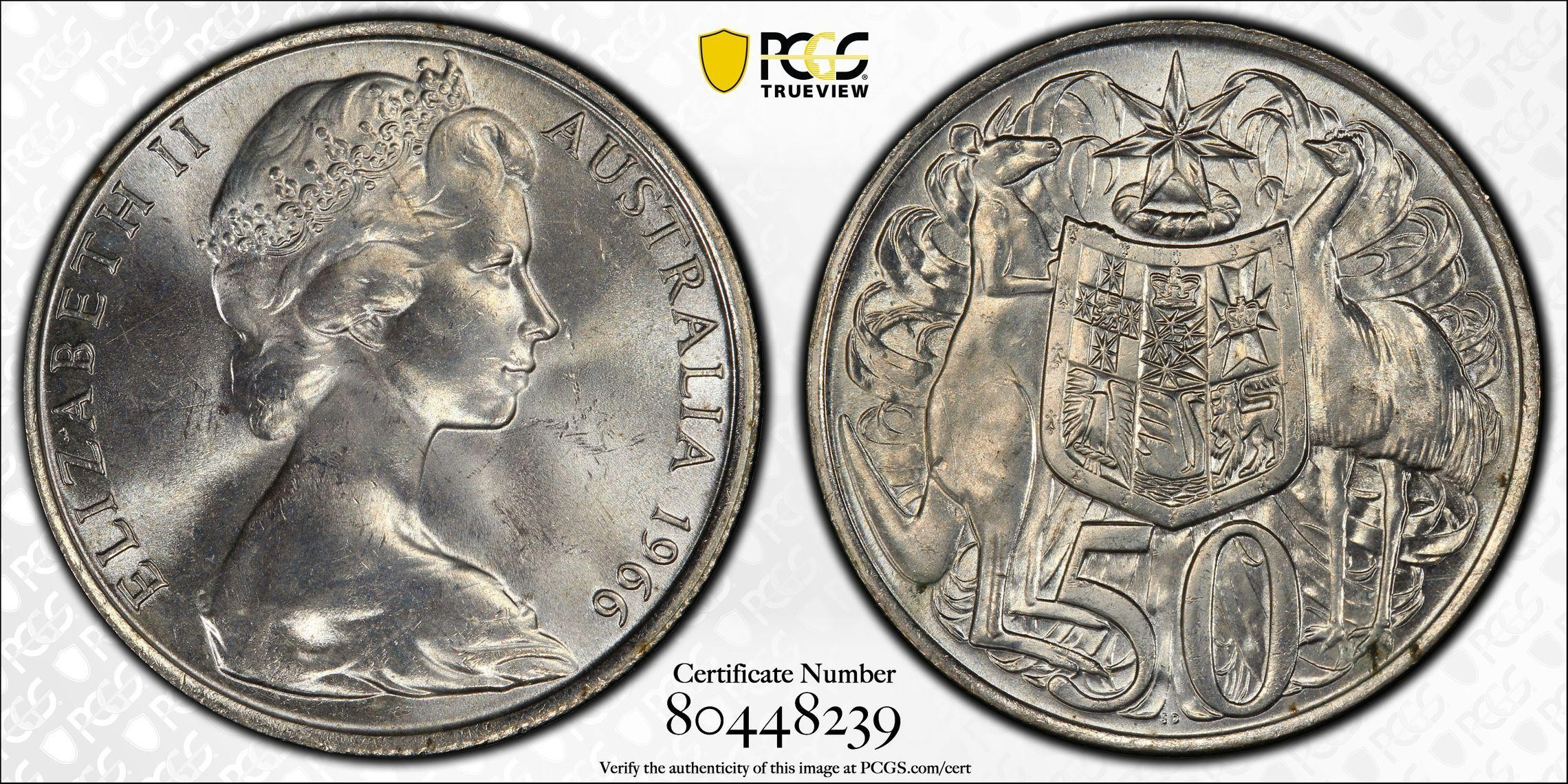 1966 Australia Fifty Cent, 50c Silver PCGS - MS64 -239