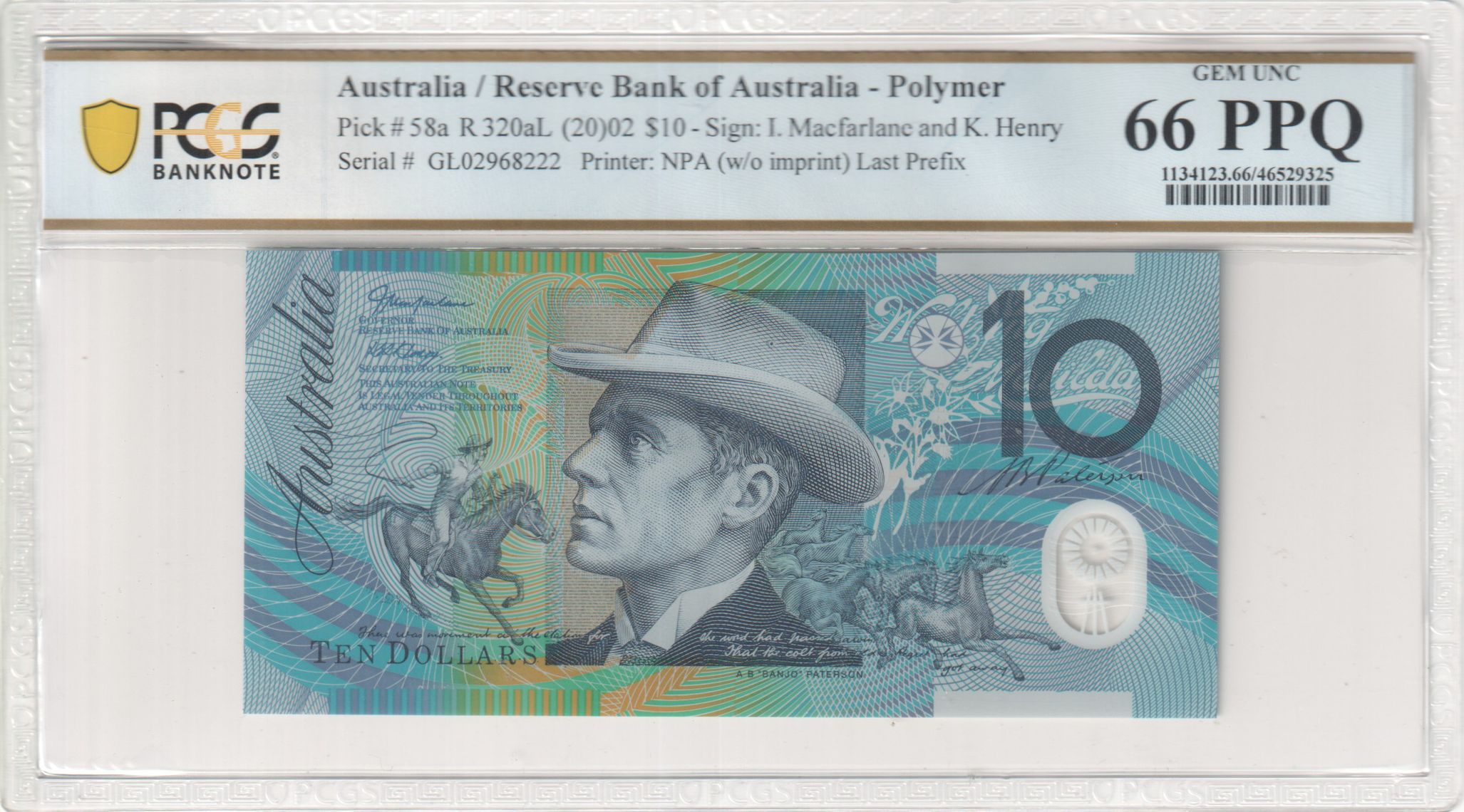 Macfarlane/Henry, Last Prefix, Ten Dollar, 2002, PCGS Gem UNC 66 PPQ