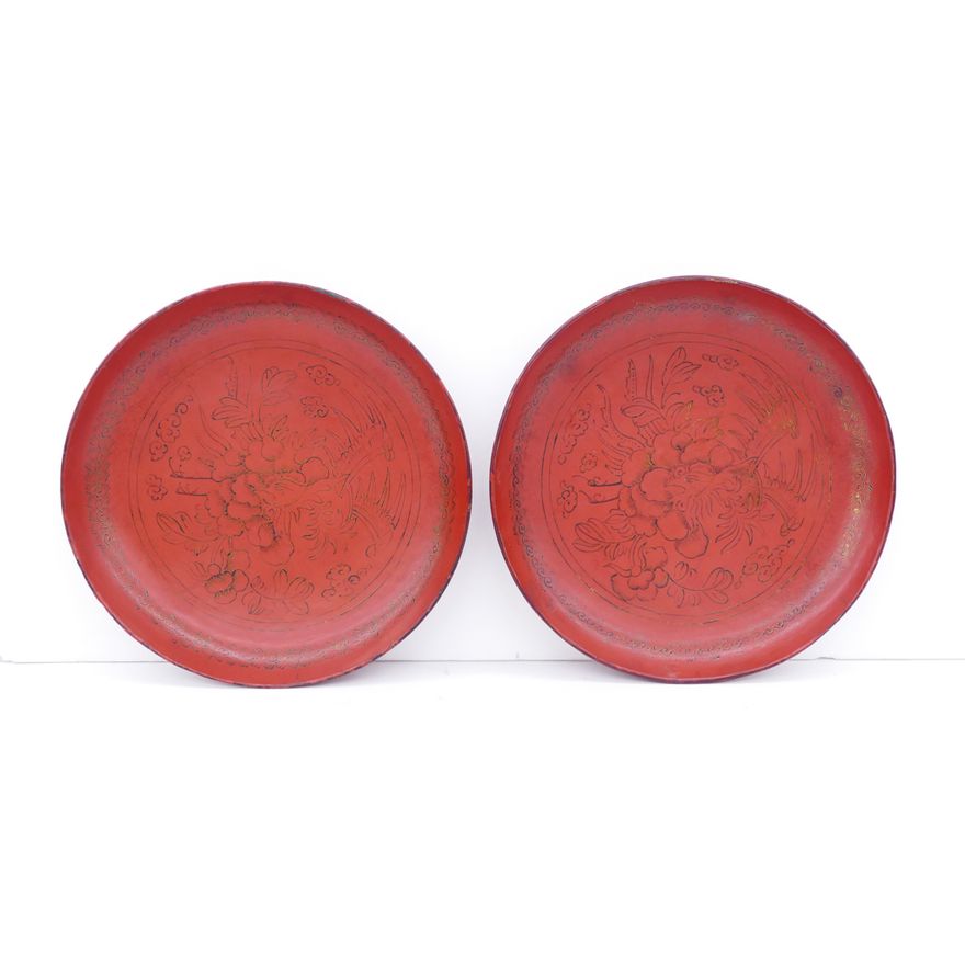 Pair Chinese Qing Lacquered Phoenix Plates