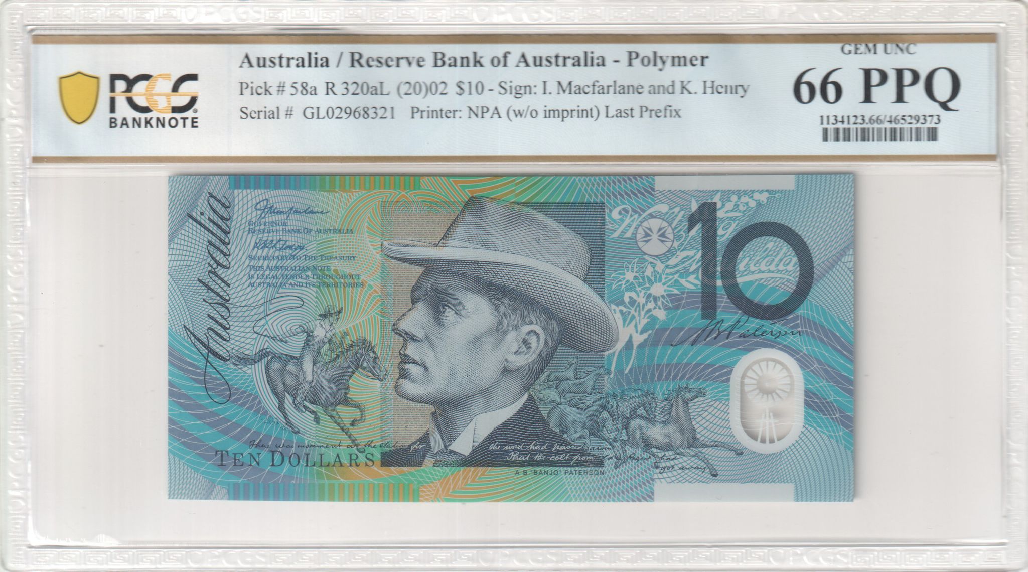 Macfarlane/Henry, Last Prefix, Ten Dollar, 2002, PCGS Gem UNC 66 PPQ