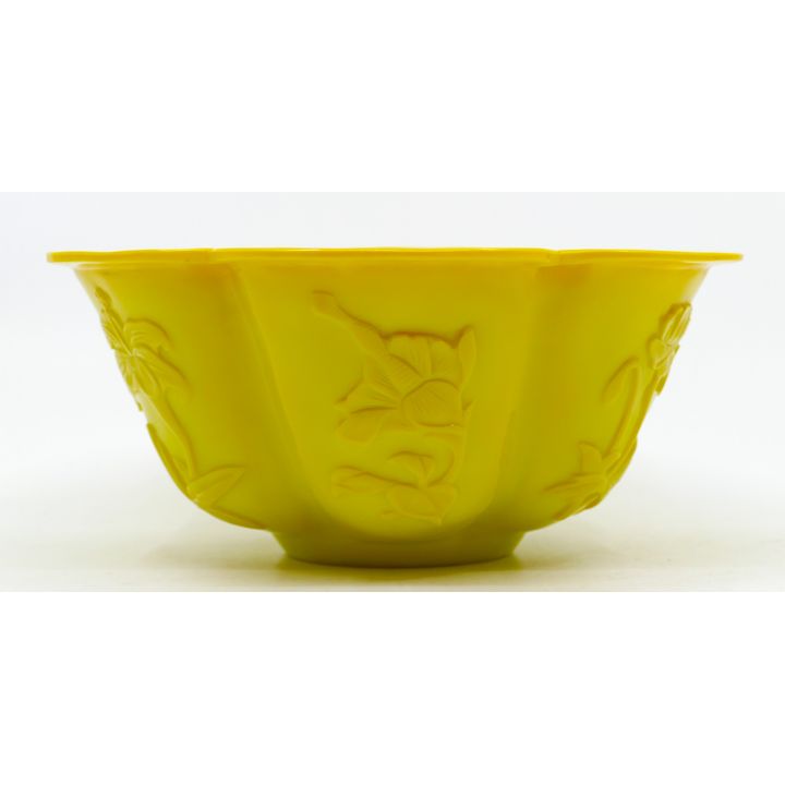Chinese Carved Peking Yellow Glass Scalloped Bowl 8'' Diameter