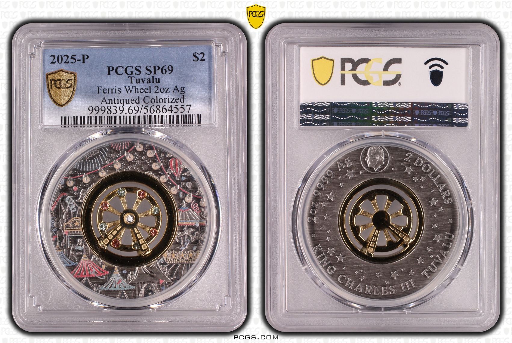 Tuvalu, Ferris Wheel 2oz Silver Antiqued Colourised, Two Dollar, 2025-P, SP69
